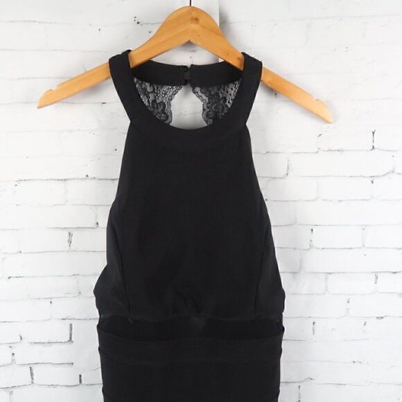 WINDSOR BLACK HIGH HALTER NECK BANDAGE DRESS WITH LACE & SHEER DETAIL SIZE 13 - Picture 4 of 10